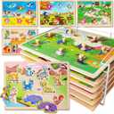 SYNARRY Wooden Puzzles for Toddlers 1-3, 6XSET Animals Puzzles for Toddlers 2-4 with Rack, Toddler Puzzles Ages 2-4, Kids Learning Educational Montessori Toys for 2 3 Year Old, Gifts for Boys Girls