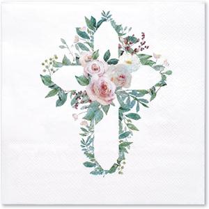 WRAPAHOLIC 50Pcs Floral Baptism Napkins - 3 Ply Floral Cross Disposable Paper Luncheon Napkins for Christening Religious, First Communion, Newborn Baby Shower Party Supplies - 6.5 x 6.5 In