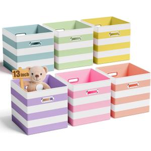 6 Pcs 13 Inch Fabric Storage Cubes with Metal Handle Back to School Classroom Supplies Macaron Colored Striped Style Collapsible Bins Organizer for School Nursery Shelves Clothes Gift