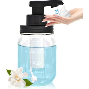 12 oz Automatic Touchless Foam Glass Soap Dispenser, Rechargeable Hands Free Liquid Mason Jar Soap Dispenser with Electric Sensor Pump, Refillable Lotion Bottle for Bathroom Kitchen Countertop