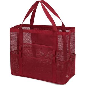 Fammart Mesh Beach Bag for Women, Large Beach Toy Pool Bag with Zipper Pocket, SandProof Cruise Essentials 2026 Family Travel Red 