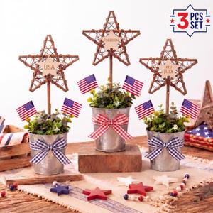 Lineshading 3 Pcs 4th of July Table Decorations USA Memorial Day Decor 250th Anniversary Patriotic Tiered Tray Centerpieces Rustic Farmhouse Rattan Star Desk Potted Decor for Memorial Day 4th July