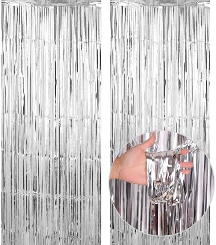 SET OF 2, BBPOOL Silver Backdrop for Birthday Decoration 2 Pack 3.2ft x 8.2ft Silver Tinsel Streamers Foil Fringe Curtains for Class of 2025 Graduation Decoration Baby Shower Birthday Party Decor