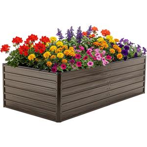 Galvanized Raised Garden Beds, 8x4x2FT Outdoor Planter Boxes with Safety Edging and Gloves, Rustic Country Style Metal Garden Bed Kit for Vegetables Flower and Fruits (Brown Wood Grain