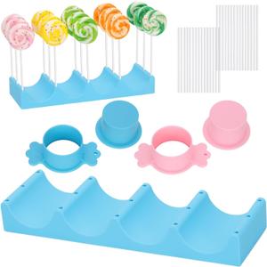 FunisFun Cake Pop Mold Set with 15 Holes Silicone Lollipop Display Stand, 2PCS Cake Pop Cutter & Pusher, Suitable for Party Wedding Birthday Baking Decorating Supplies (Blue&Pink)