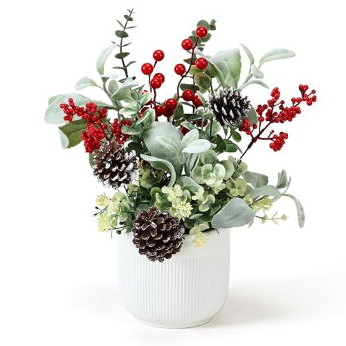 HOMCDALY Artificial Plants Tabletop Christmas Decorations, Fake Plants in Ceramic Plant Pot, Small Chritstmas Tree for Home Décor, Dining Table Centerpiece, Christmas Decor Indoor
