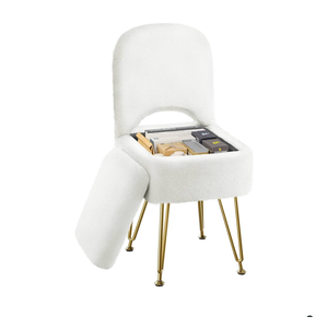 GREENSTELL Small Vanity Stool Chair with Storage and Folding Back, 13.4" x 15" x 30" Square Faux Fur Soft Ottoman, 4 Metal Legs with AntiSlip Feet, Furry Padded Seat for Makeup, Bedroom, White