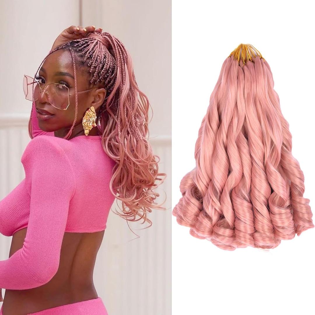 French Curl Braiding Hair 12 Inch 8 Packs Short Pink Curly Braiding Hair Pre Stretched 50g/pack Loose Wavy Crochet Hair Synthetic Hair Extensions for Black Women (12 inch,8 packs, MP2)