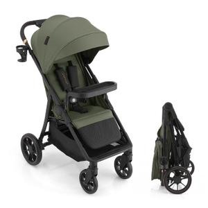 Gromast Baby Stroller with Detachable Snack Tray, Oversized Seat for Newborn to 4 Years, One-Hand Fold Travel Stroller w/Big Wheels, Adjustable Backrest, UPF 50+ Canopy & Cup Holder - Green