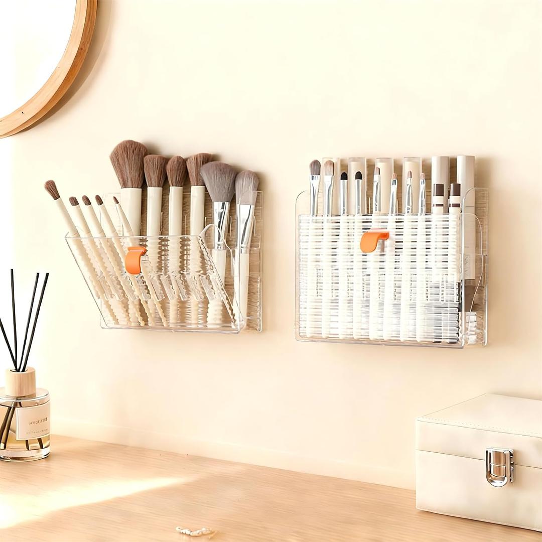 2 x Wall-mounted Makeup Organizers, 16-Slot Eyeliner Lip Liner Organizer Holder, Makeup Organizer for Brush, Makeup Pencils, Concealer Pencil Display Case for Vanity Bathroom (Transparent White)