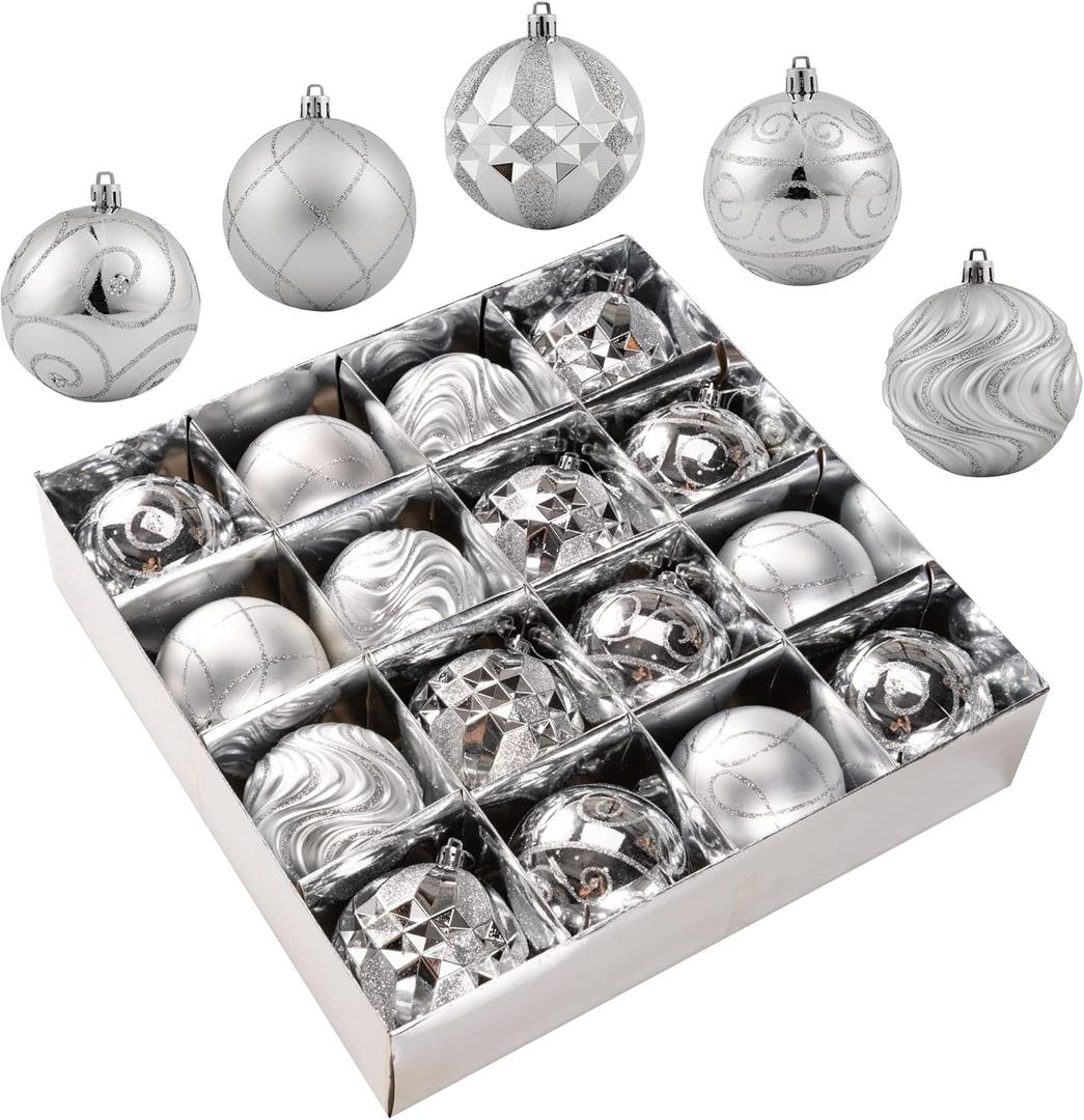 Christmas Ornaments - 16 Pcs Christmas Ball Ornaments Set, Assorted Shatterproof Christmas Glittering Ornaments for Christmas Tree, Christmas Tree Decoration for Xmas Holiday (Silver)