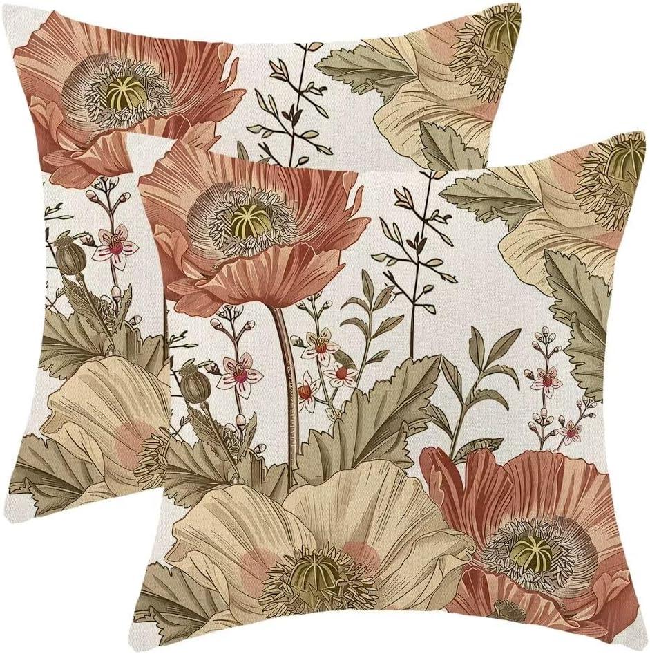 BETGINY Vintage Floral Pillow Covers 24 x 24 Inch Set of 2, Rust Brown Flower Botanical Pattern Decorative Throw Pillow Covers Outdoor Linen Farmhouse Pillow Cases for Couch Sofa Decor