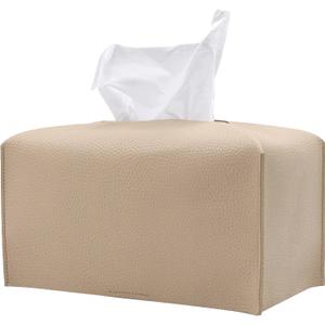 1PC Extra Large Rectangle Tissue Box Cover, PU Leather Rectangular Tissue Box Holder with Bottom Belt Plus Size Tissue Box Organizer for Bathroom/Car/Hotel/Office (9.5x5x5, Beige)
