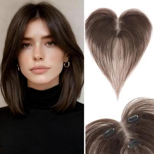 Human Hair Toppers for Women Real Human Hair with Side Bangs Thin Light Weight T-Shape Lace Base Clip in Hairpieces 11 Inch Dark Brown