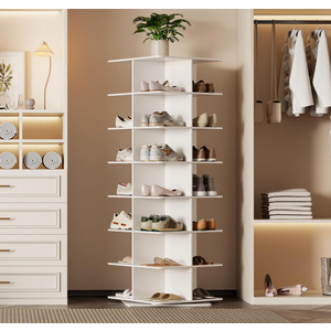Rotating Shoe Rack Tower, PVC Material Structure, 7-Tier 360° Swivel Lightweight Shoe Organizer, Space-Saving Spinning Shoe Shelf for Entryway, Closet, Bedroom (White 21.6" W)