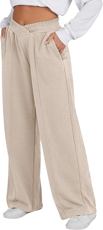 ANRABESS Women's Wide Leg Pants High Waist Drawstring Sweatpants Joggers with Pockets Light Grey X-Large (XL)