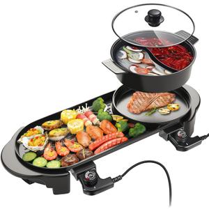 Electric Hot Pot with Grill Indoor Shabu-shabu Hotpot Korean BBQ Grill, Removable Hotpot Pot W/Large Capacity Baking Tray, Smokeless Non-Stick, Adjustable Temperature, 1-6 People 110V (3-Quart)