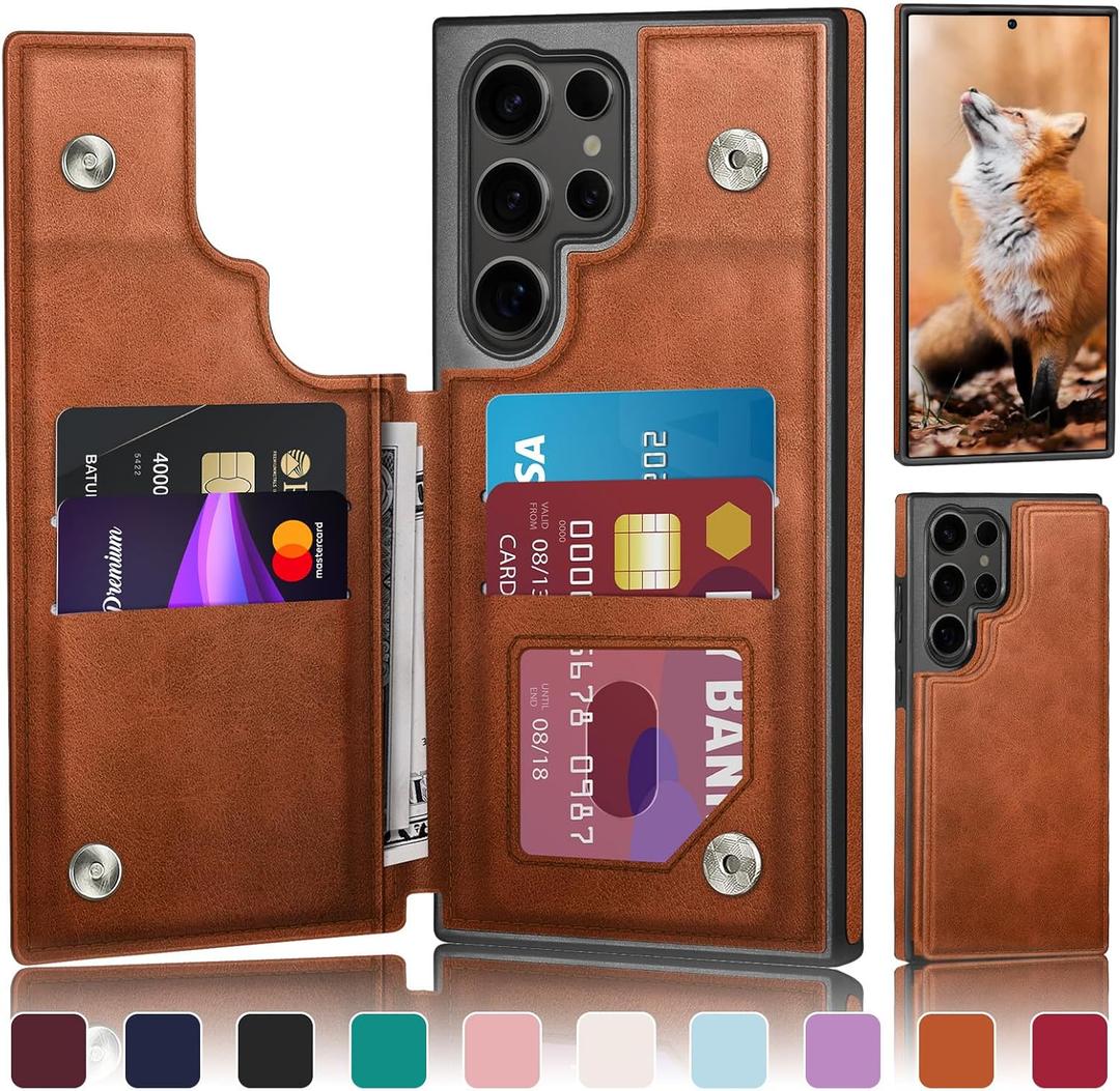 DJDUCK Designed for Samsung Galaxy S24 Ultra Case Wallet with Card Holder, [Magnetic Clasp Cover] [RFID Blocking Leather Protection] Shockproof Women Men Cases for Samsung S24 Ultra Light Brown