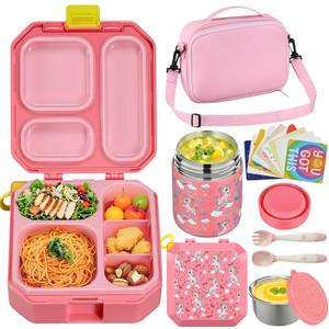 Itslife Bento Lunch Box Set for Kids with 12oz Soup Thermo&Lunch Bag, Leak-Proof Lunch Food Containers for Kids School, 5 Compartment, Sauce Cup, 10 Notes (Unicorn Pink)