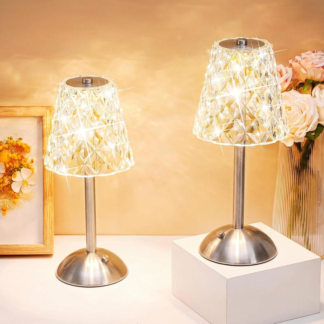 Liliful 2 Pcs Cordless Table Lamp Rechargeable Touch LED Small Gold Portable Battery Operated USB-c Desk Lamp 3 Color Dimmable for Bedroom Living Room Dining (Silver,Diamond Style)