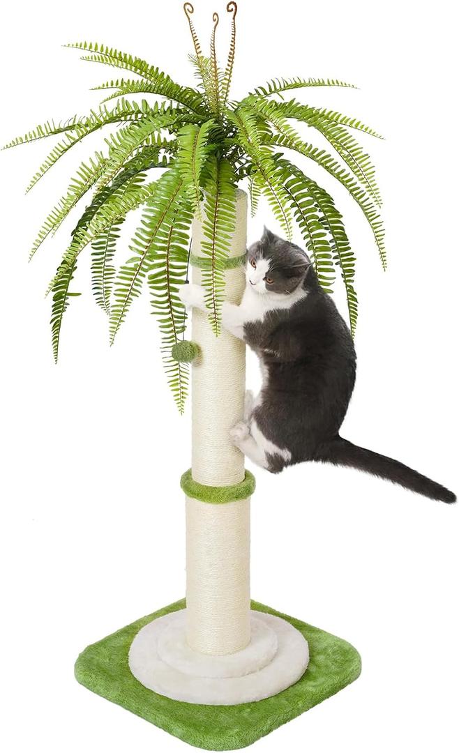 42" Tall Palm Tree Cat Scratching Post - Heavy Duty Coconut Cat Scratcher for Large Cats, Cute Green Sisal Rope Vertical Scratching Pole with Dangling Ball, Stable & Decorative Furniture (106cm)