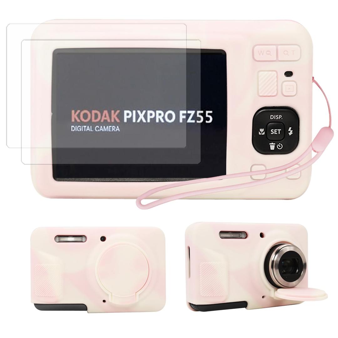 Camera Case for Kodak Pixpro FZ55, Pink Silicone Protective Cover, Slim Fit Design with Accessories (White)