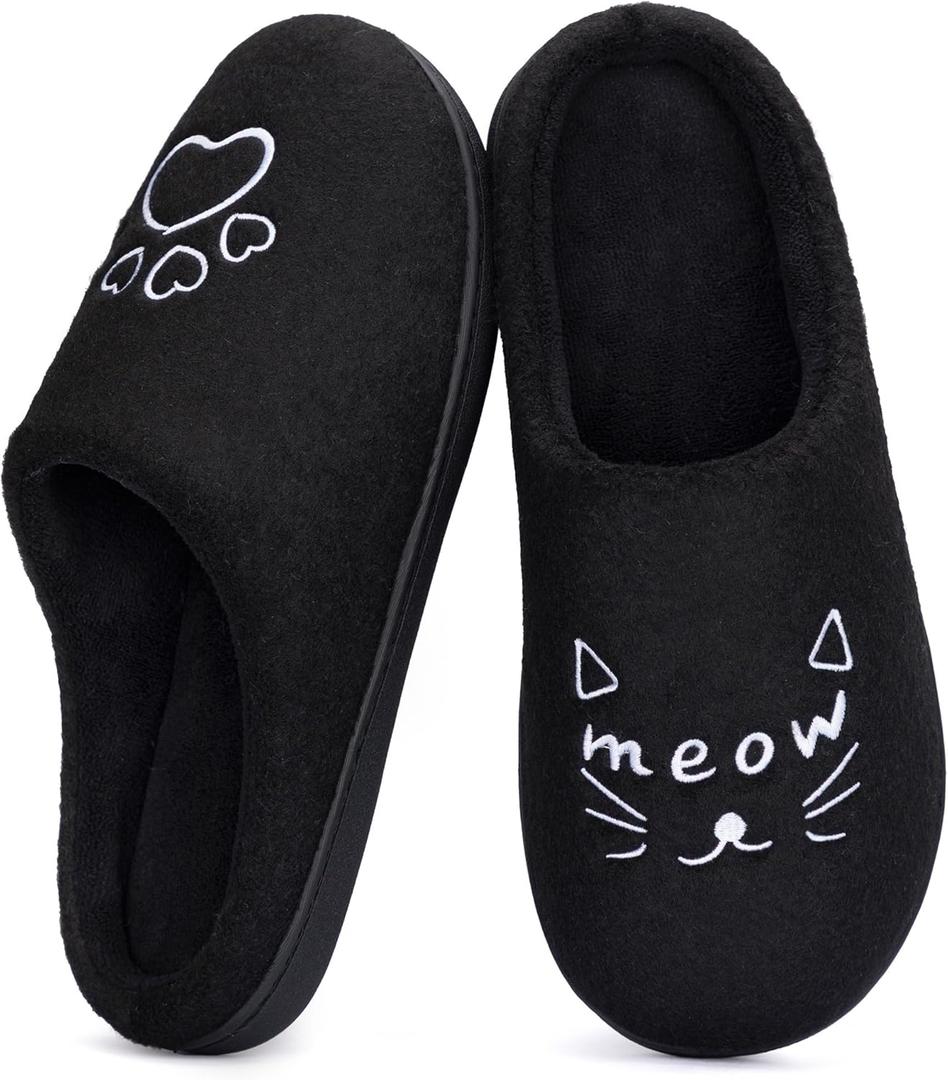 ULTRAIDEAS Women's Cozy Slippers - Warm Felt Indoor House Slippers with Memory Foam, Cute Cat Face Design, Perfect Holiday Gift for Home Bedroom Lounge (9-10, Black)