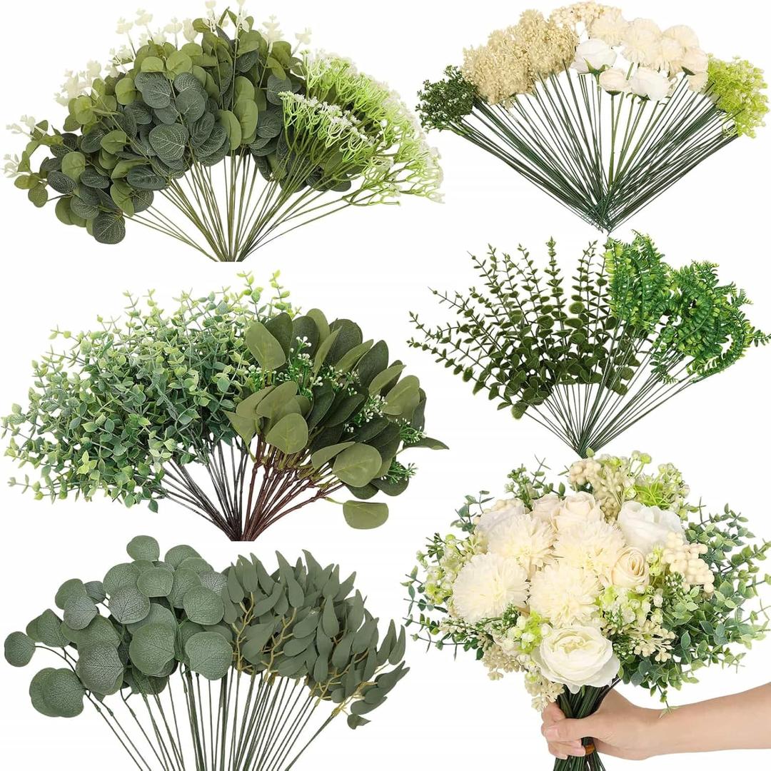 120Pcs 15 Kinds Mixed Artificial Eucalyptus Leaves Stems and Faux Flowers Bulk, Fake Silver Dollar Eucalyptus Bundle Plants Greenery Branches for Wedding Vase Bouquets Floral Arrangement Home Decor