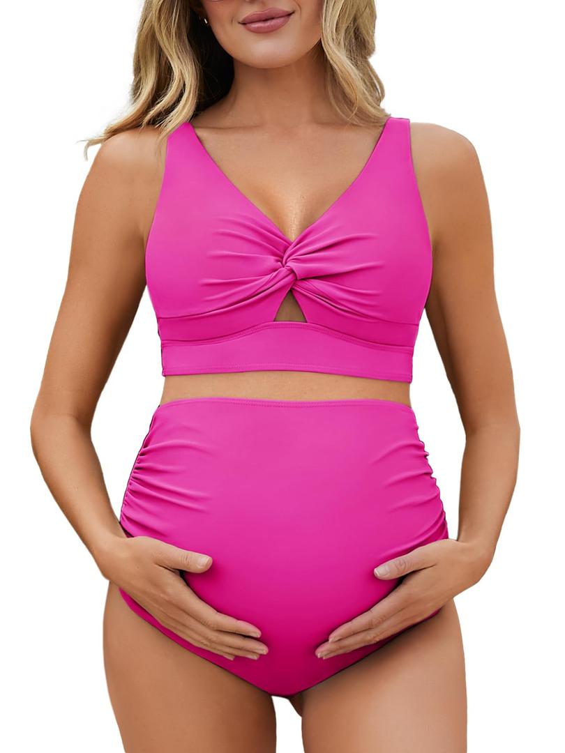 Summer Mae Twist Maternity Bikini Two Piece Pregnancy Swimsuits Cutout Bathing Suit High Waisted Ruched Swimwear, Size 10