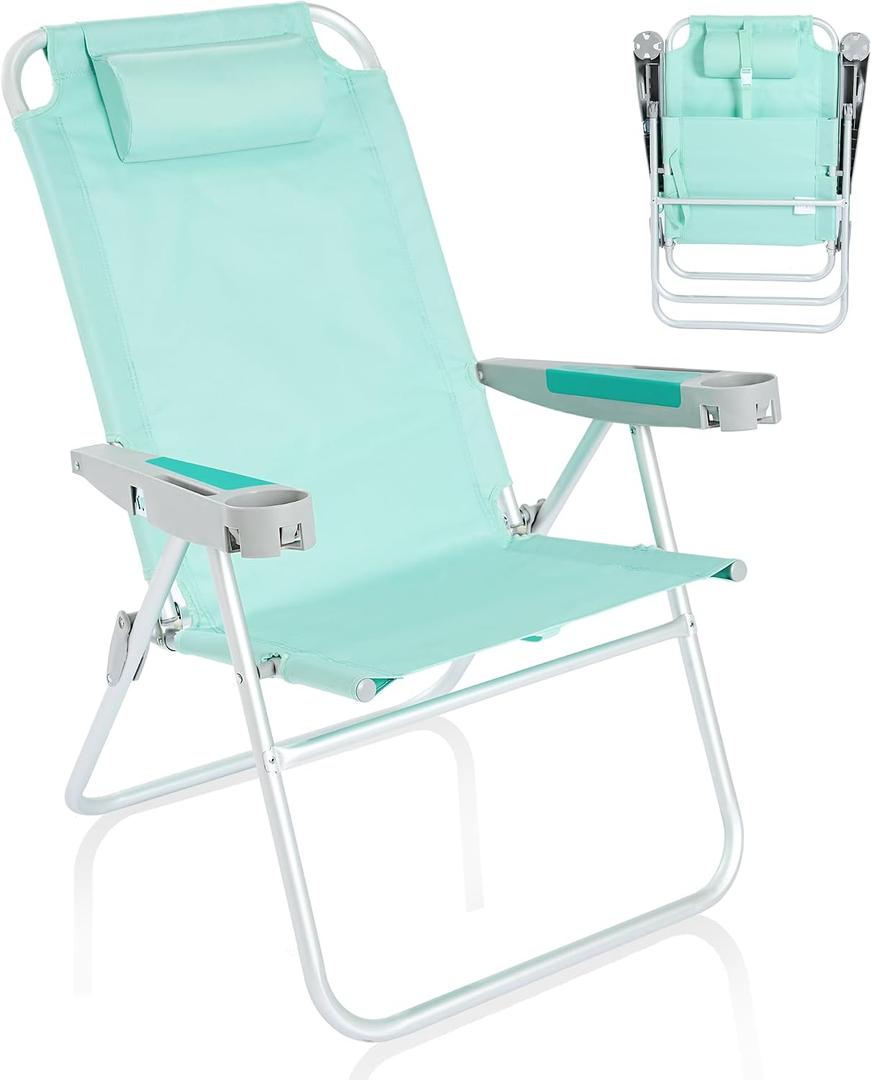 SUNNYFEEL Oversized Tall Folding Beach Chair Lightweight, 17" Portable Sand Chair for Adults Heavy Duty 500 LBS with Cup Holders, Foldable High Camping Lawn Chairs for Camp/Outdoor/Picnic/Sports, 1-Pack