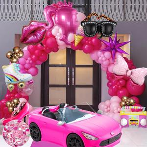 185 PCS Balloons Garland Hot Pink Rose Red Light Pink Matte White Balloons Silver Disco Ball Bow Crown Princess Balloon Arch Kit For Princess Party Decoration Birthday Girl Baby Shower
