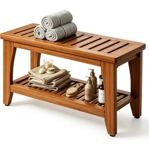 30" Premium Solid Teak Shower Bench with Storage Shelf - 450 lbs Capacity