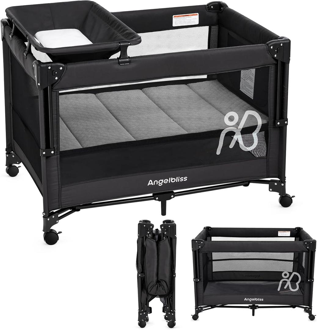 ANGELBLISS Baby Bassinet Bedside Crib, Pack and Play with Mattress, Diaper Changer, One-Push Setup Playards from Infants to Toddlers (Black)