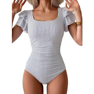 Eomenie Women's Tummy Control One Piece Swimsuit Ruffle Square Neck Bathing Suit Ruched Cutout Back Slimming Swimwear (XL,Black White Stripe)