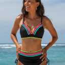 popvil High Waisted Bikini Sets for Women Tummy Control Swimsuits Two Piece Neon V Neck Drawstring Bathing Suits 2026 (Black, L)