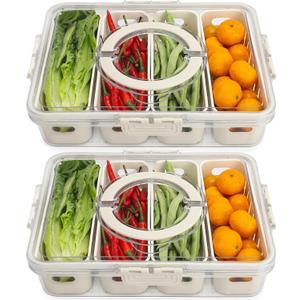 Salad Bar Containers for Fridge with Lid and Handle, Fruit Storage Containers with 4 Removable Colanders, Berry Box Fresh Produce Saver for Fruit, Veggie, Refrigerator, Kitchen, Picnic, Pack of 2