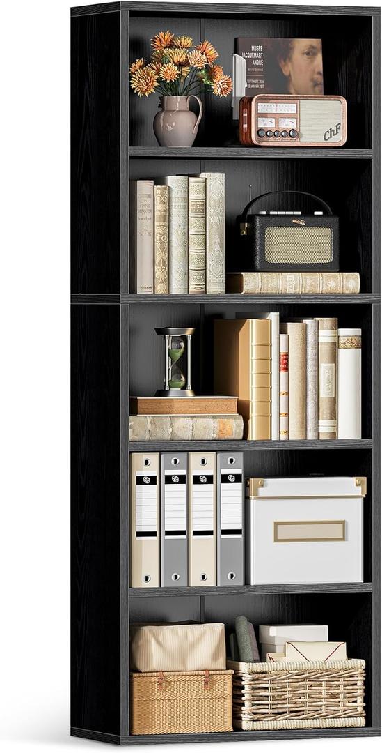Casaottima 5-Tier Open Bookshelf and Bookcase, Floor Standing Display Storage Shelves for Living Room, Tall Book Shelf for Bedroom, Home Office, Dining Room, Black