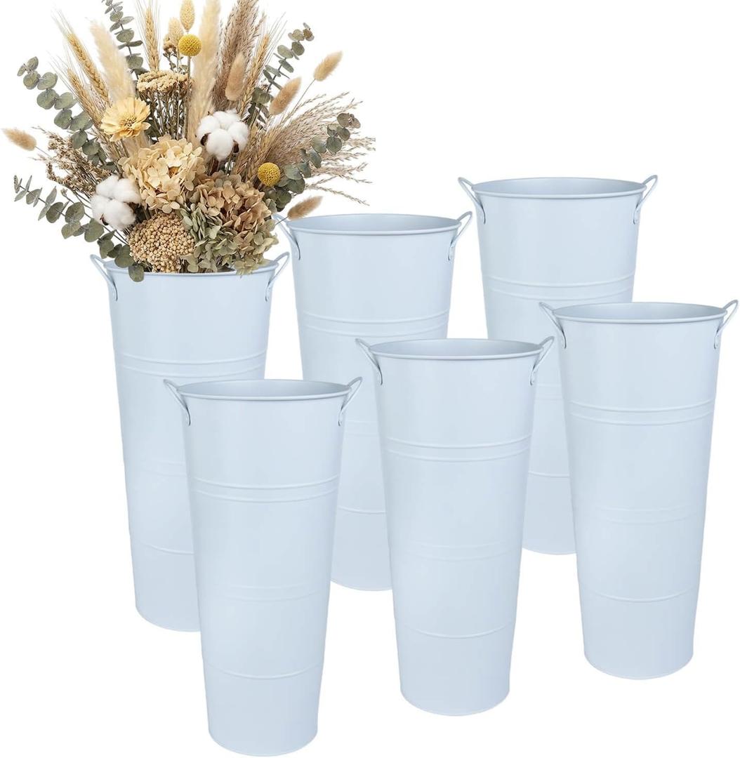 vensovo Metal Flower Bucket Vase, 15 Inch Tall Pure White Rustic Farmhouse Centerpiece for Spring Home Decor & Wedding, Set of 6