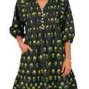 Wenrine Womens Mini Dresses Casual Ruffle 3/4 Lantern Sleeve Floral V Neck Loose Boho Babydoll Dress Black (S)
