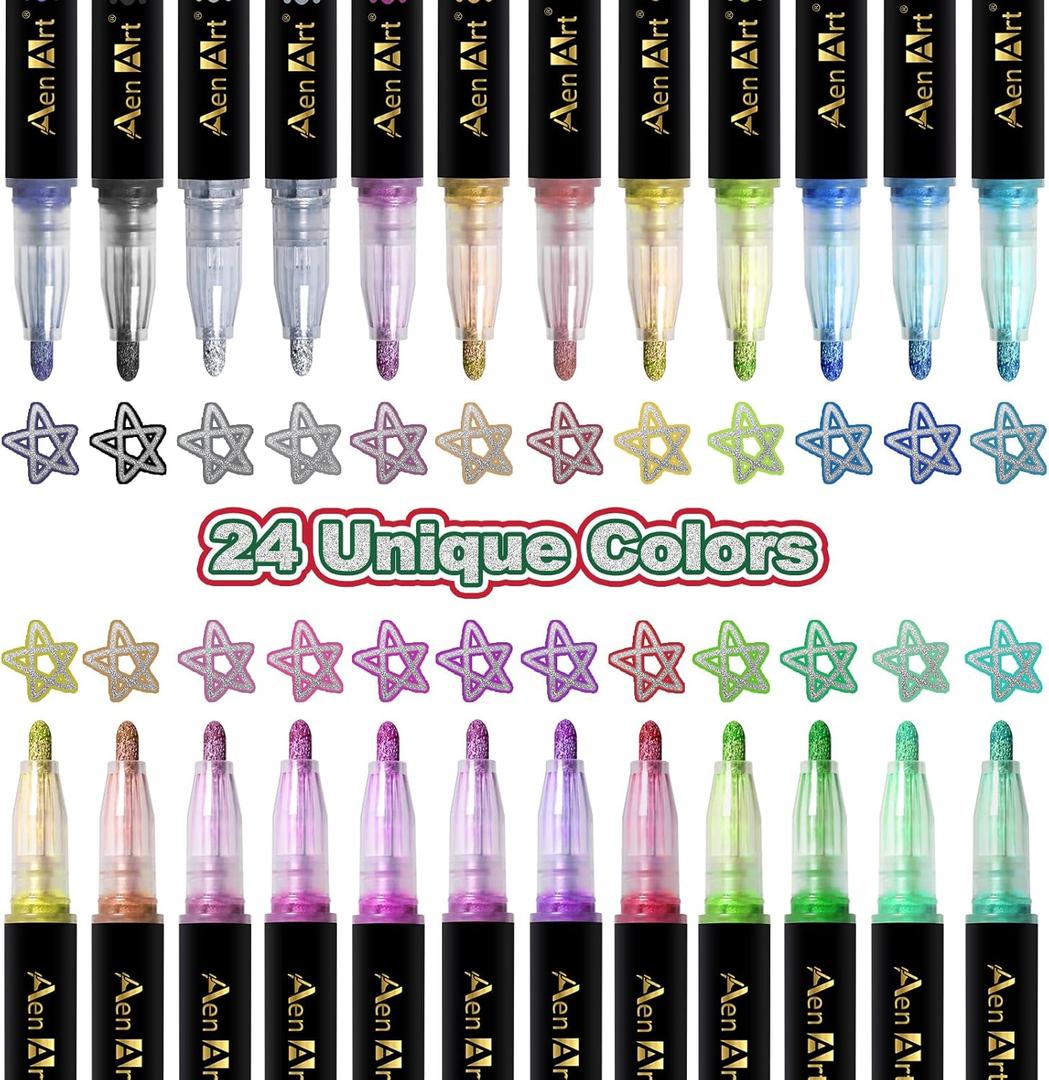 Aen Art 24 Colors Outline Glitter Markers, Shimmer Metallic Pens Christmas Stocking Stuffer for Teen Girl, Great Gift for Artists and Craft Lovers