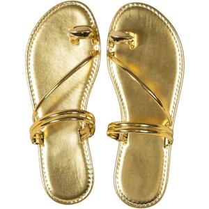 Verdusa Women's Metallic Open Toe Ring Sandals Summer Strappy Flat Sandals (7, Gold)