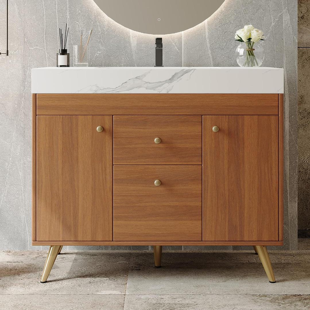 GDFStudio 36" Modern Bathroom Vanity with Sink, Freestanding Cabinet with Sintered Stone Top, Ceramic Basin, Double Side Cabinets & Center Drawers, Stainless Steel Legs, Storage Vanity, Walnut,White