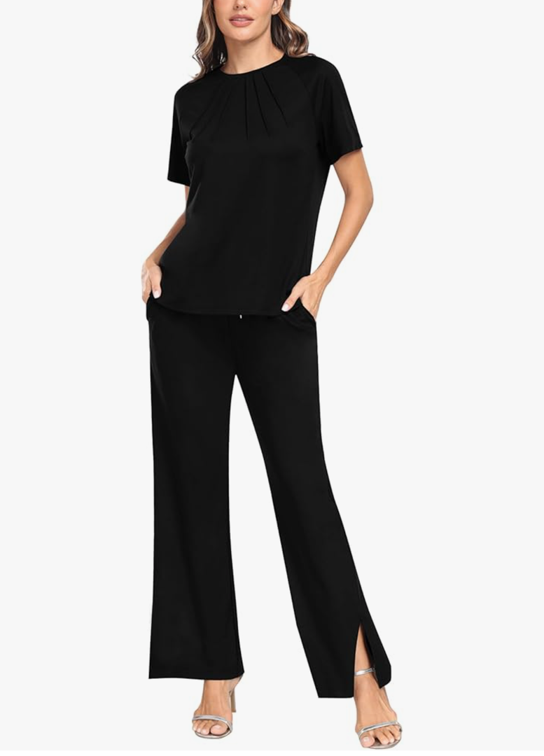 MoFiz Women's Summer 2 Piece Casual Outfits Tracksuit Sweatsuit Lounge Set Sleeveless Polo Short Sleeve T-Shirt Wide Leg Pant Size M