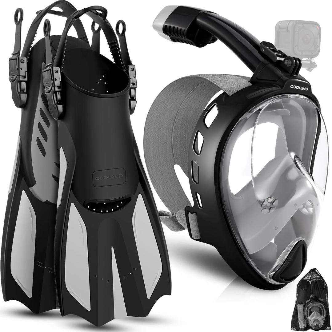 Odoland Snorkeling Packages for Adults & Youth, Full Face Snorkel Mask with Camera Mount, Adjustable Swim Fins, Mesh Bag, Anti-Fog Anti-Leak Scuba Diving Gear for Men & Women (Black)