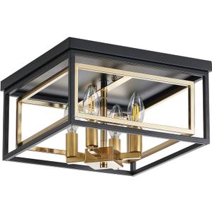 Modern Flush Mount Ceiling Light, 4-Light Metal Close to Ceiling Lamp, Adjustable Industrial Black Gold Light Fixture, Farmhouse Chandelier for Kitchen Island Hallway Dining Room