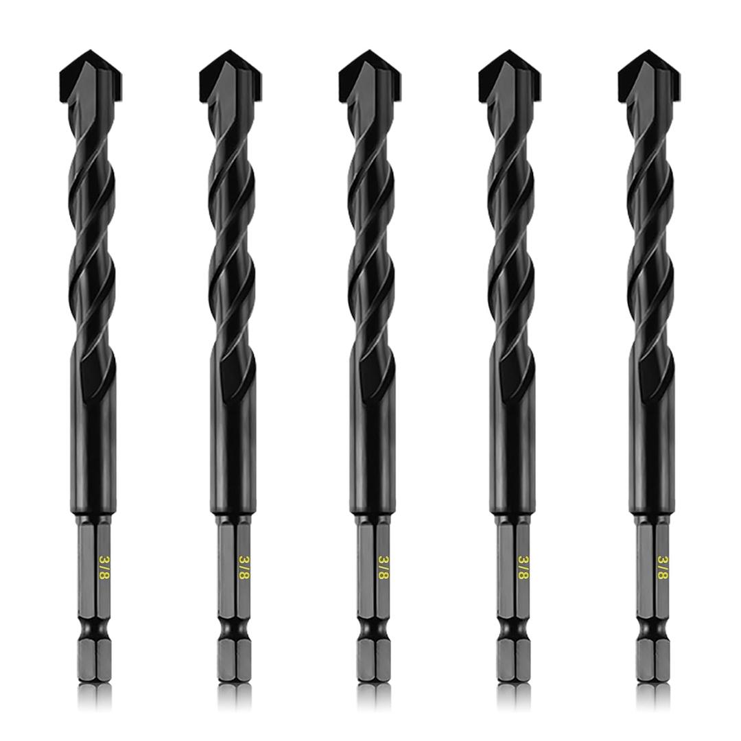 5-Piece 3/8 Masonry Drill Bits for Concrete Tiles Stone, 3/8 Inch Carbide Drill Bit Set for Glass Ceramic Brick Soft Metal Plastic and Wood, Hex Shank Drill Bit Set Diameter 10mm, Black