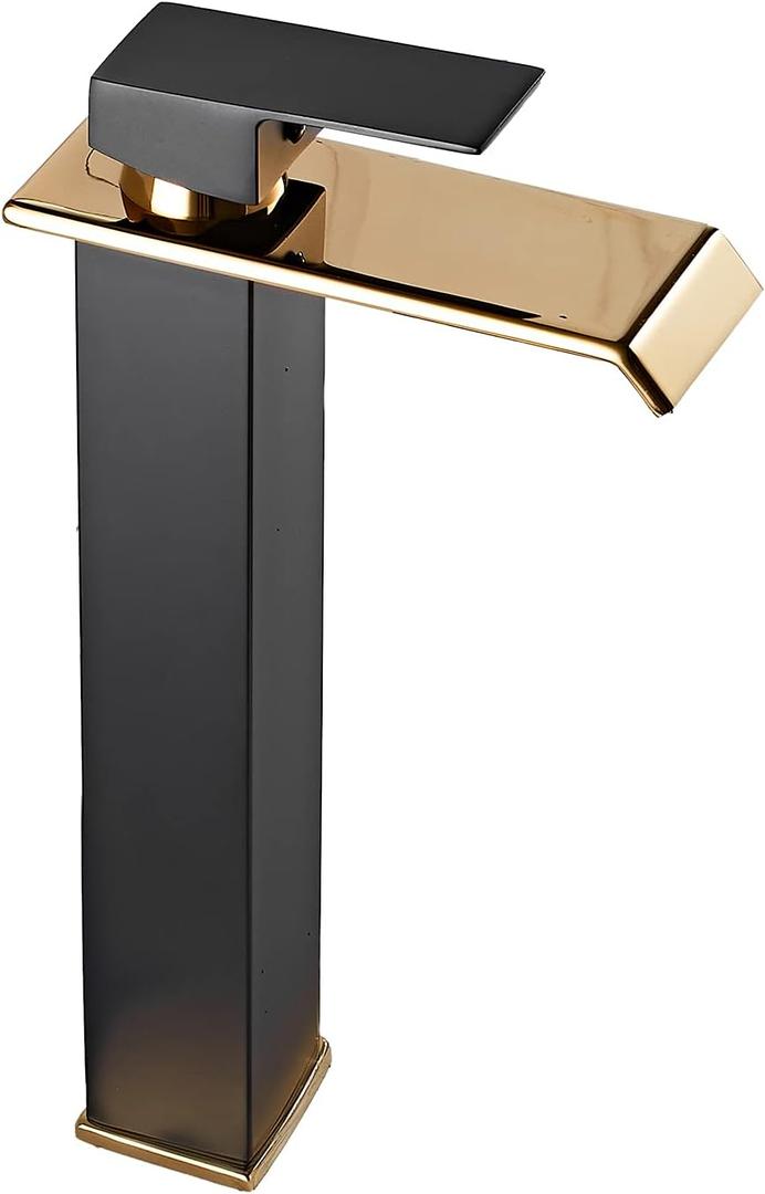 Bathroom Vessel Faucet Black Gold Waterfall One Hole Bowl Sink Faucet Bathroom Faucets Tall Single Handle Bath Vanity Lavatory Deck Mount Supply Lines Hose Commercial