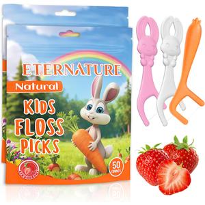 Kids Flossers 100ct, Strawberry Flavored Bunny & Carrot Floss Picks, BPA & Fluoride Free, Biodegradable, Easy-to-Hold, Fun Character Design, Bulk Pack for Toddlers