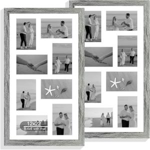 Hongkee 12x22 Picture Frame Set of 2, Grey with Glass Collage Frame, Display Eight Opening 4x6 Photos With Mat or 12 x 22 Newspaper Without Mat - Horizontal or Vertical Wall Mounting, 12x22 in matted to 8-4x6