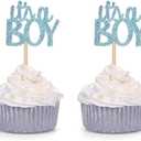 Blue Glitter It's a Boy Cupcake Toppers Gender Reveal Party Baby Shower Decorations Picks - Set of 24